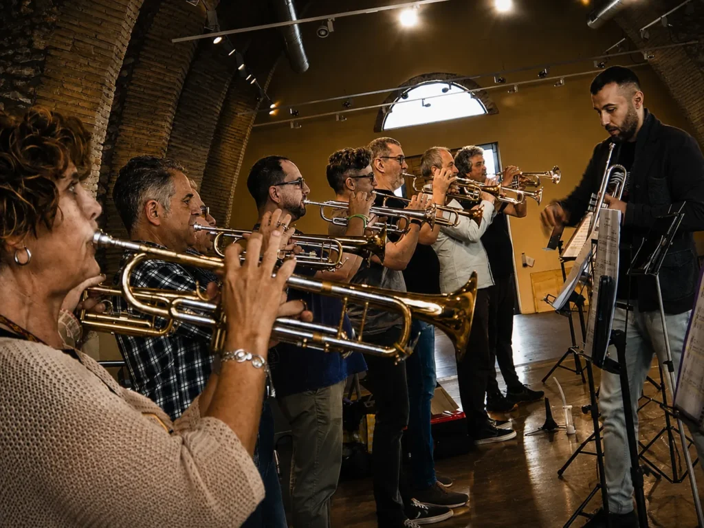 Una sección de trompetas ensayando de cerca